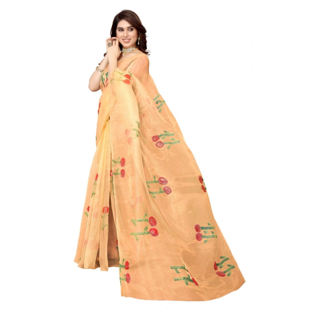 Women's Organza Floral Pattern Sarees (Orange, 5-6 Mtrs)