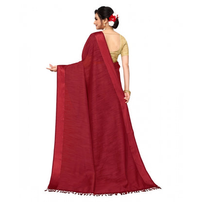 Women's Cotton Blend Stripe Pattern Sarees (Maroon, 5-6 Mtrs)