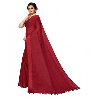 Women's Cotton Blend Stripe Pattern Sarees (Maroon, 5-6 Mtrs)