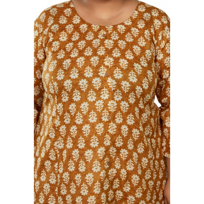 Generic Women's Casual 3/4th Sleeve Printed Pure Cotton Prince Cut A-Line Kurti (Mustard)