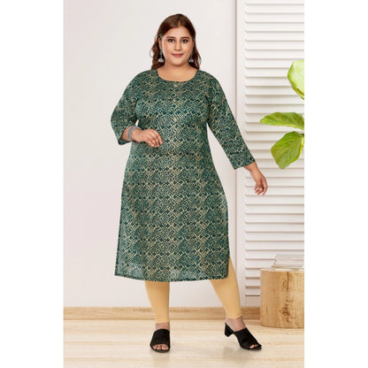 Generic Women's Casual 3/4th Sleeve Golden Foil Printed Capsule Cotton Straight Kurti (Dark Green)