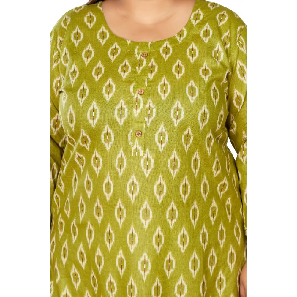 Generic Women's Casual 3/4th Sleeve Ikkat Printed Pure Cotton Straight Kurti (Pista Green)