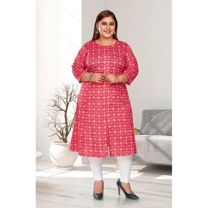 Generic Women's Casual 3/4th Sleeve Regular Printed Pure Cotton Prince Cut A-Line Kurti (Pink)