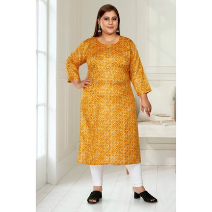 Generic Women's Casual 3/4th Sleeve Golden Foil Printed Capsule Cotton Straight Kurti (Yellow)