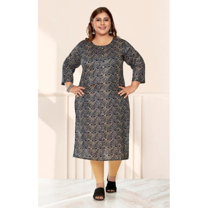 Generic Women's Casual 3/4th Sleeve Golden Foil Printed Capsule Cotton Straight Kurti (Navy Blue)