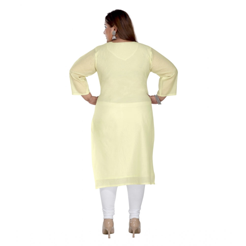 Generic Women's Casual 3/4th Sleeve Rayon Mirror Embroidered Straight Kurti (Light Yellow)