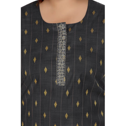 Generic Women's Casual 3/4th Sleeve Cotton Mix Golden Embroidered Straight Kurti (Black)