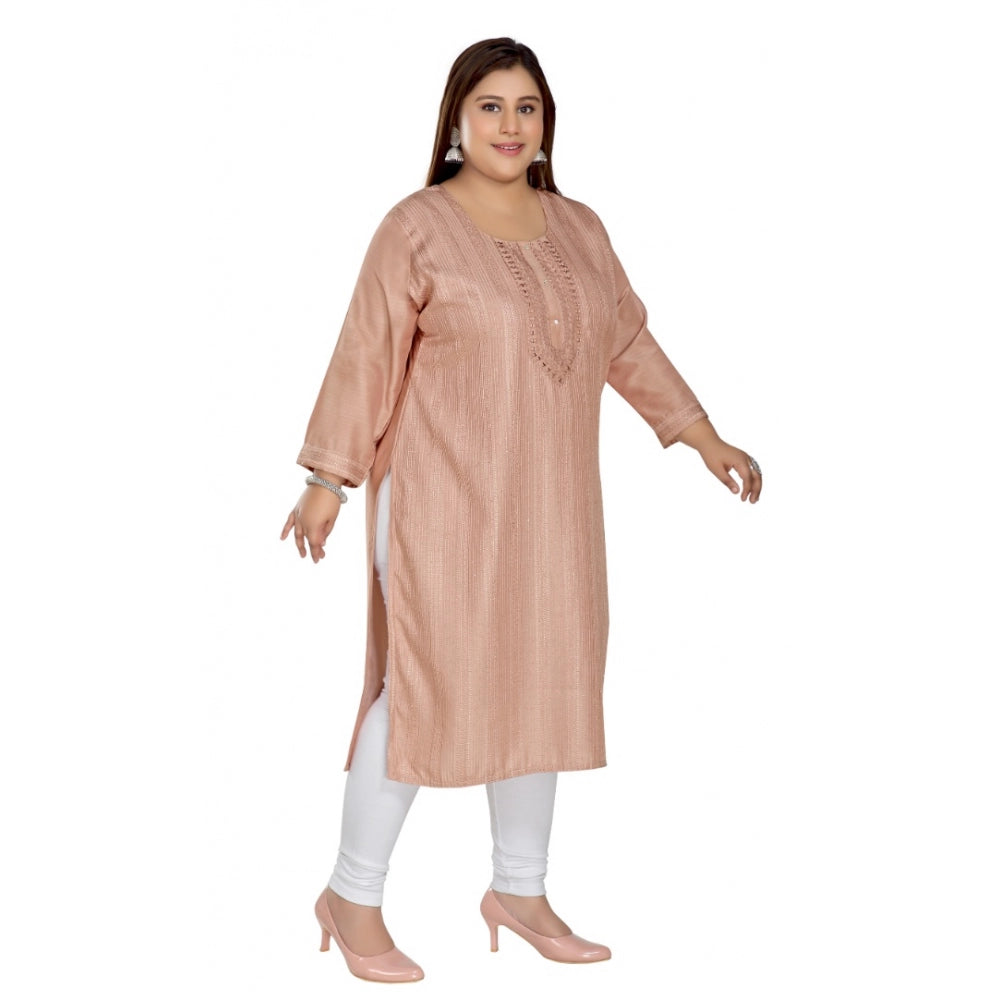 Generic Women's Casual 3/4th Sleeve Imported Fabric Self Embroidered Straight Kurti With Lining (Coral Pink)