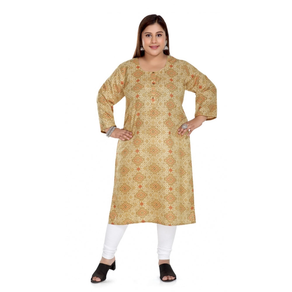 Generic Women's Casual 3/4th Sleeve Rayon Golden Foil Printed Straight Kurti (Tan)