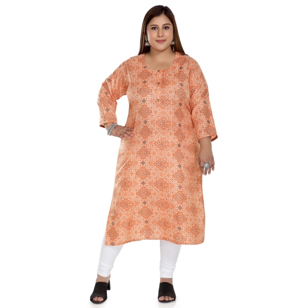 Generic Women's Casual 3/4th Sleeve Rayon Golden Foil Printed Straight Kurti (Light Orange)