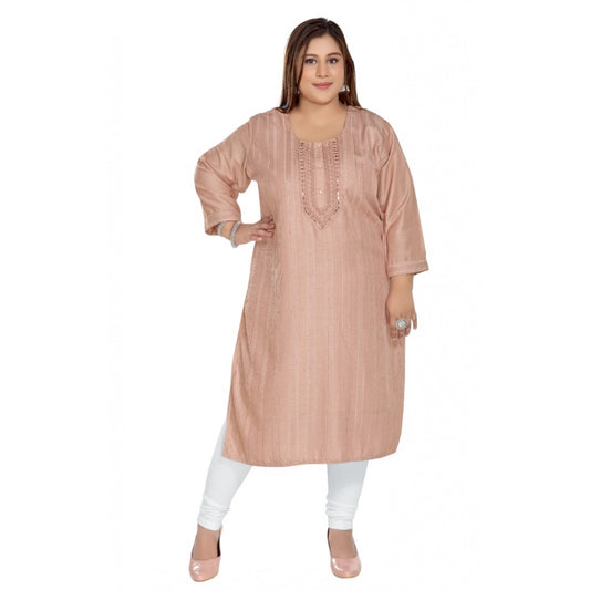 Generic Women's Casual 3/4th Sleeve Imported Fabric Self Embroidered Straight Kurti With Lining (Coral Pink)