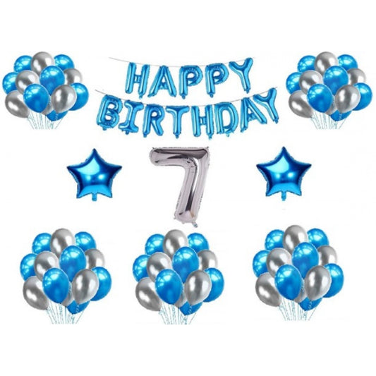 7Th Happy Birthday Decoration Combo With Foil And Star Balloons (Blue, Silver)