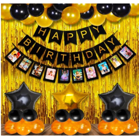 Happy Birthday Decoration Combo Of Curtain And Metallic And Foil Balloons (Multicolor)