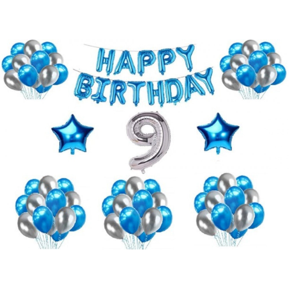 9Th Happy Birthday Decoration Combo With Foil And Star Balloons (Blue, Silver)