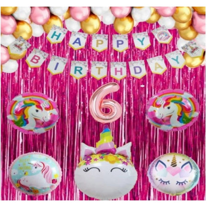 6Th Happy Birthday Decoration Combo With Unicorn Foil Balloon (Pink)