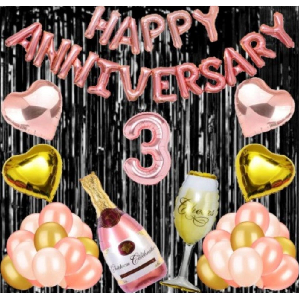 3Rd Anniversary Rose Gold Foil Balloons With Happy Decoration Items Set (Rose Gold)