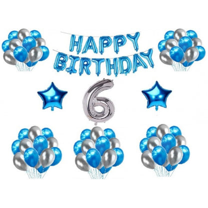 6Th Happy Birthday Decoration Combo With Foil And Star Balloons (Blue, Silver)