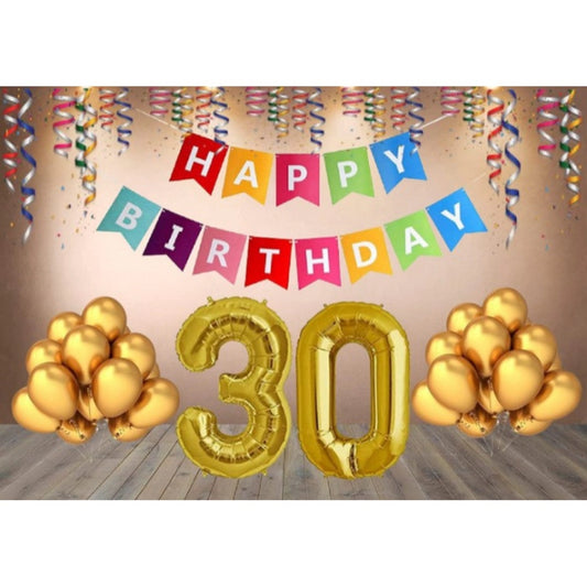 30Th Happy Birthday Decoration Combo With Multi Color Banner (Golden)