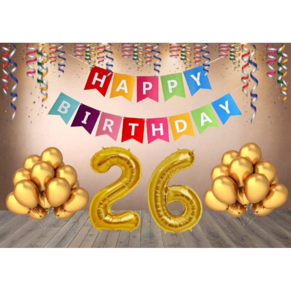 26Th Happy Birthday Decoration Combo With Multi Color Banner (Golden)