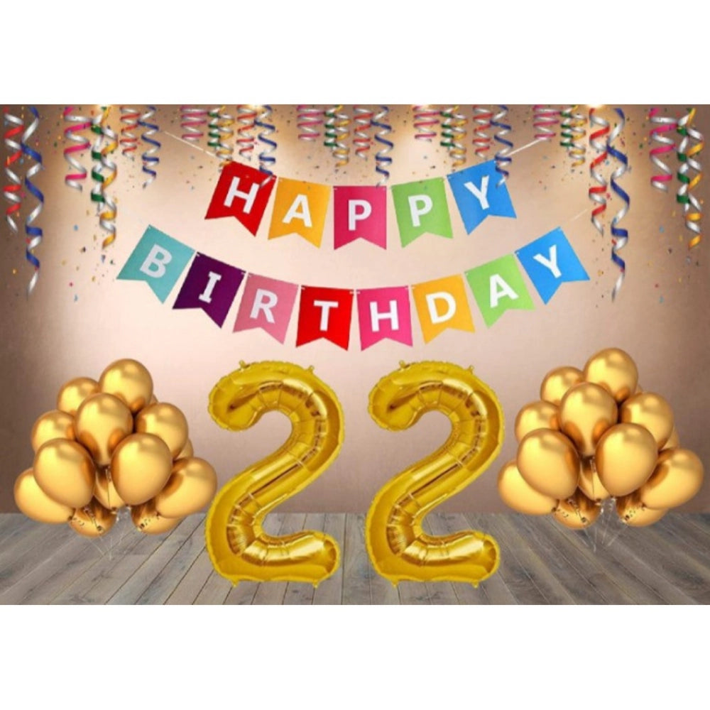 22Nd Happy Birthday Decoration Combo With Multi Color Banner (Golden)