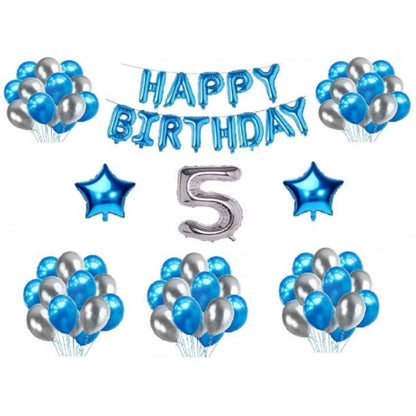 5Th Happy Birthday Decoration Combo With Foil And Star Balloons (Blue, Silver)