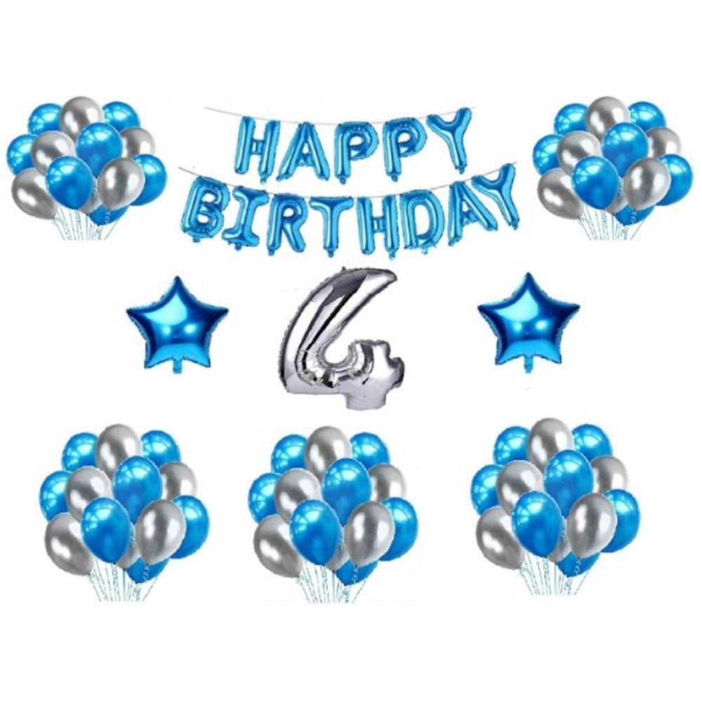 4Th Happy Birthday Decoration Combo With Foil And Star Balloons (Blue, Silver)