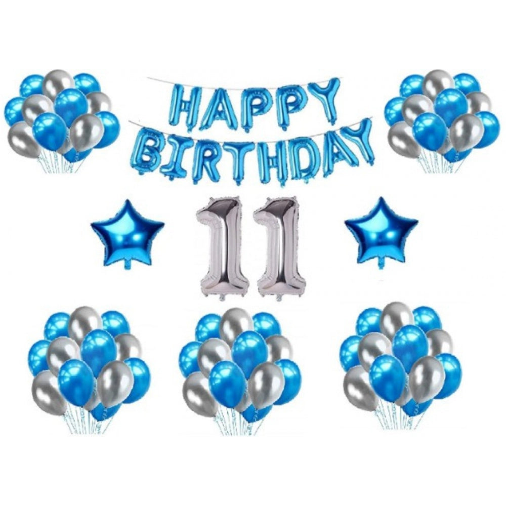 11Th Happy Birthday Decoration Combo With Foil And Star Balloons (Blue, Silver)