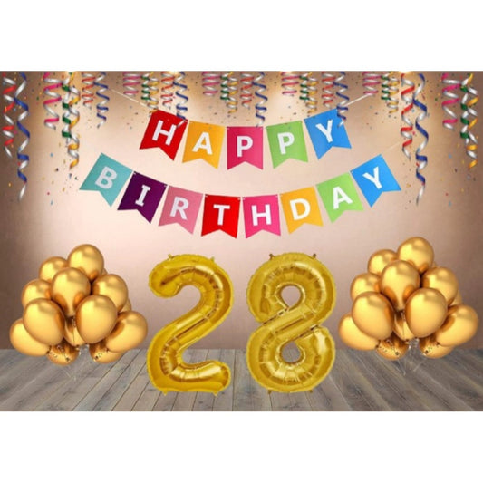 28Th Happy Birthday Decoration Combo With Multi Color Banner (Golden)