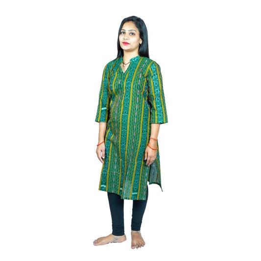 Women's Sambalpuri Certified Handloom Pure Cotton Straight Kurti (Green)