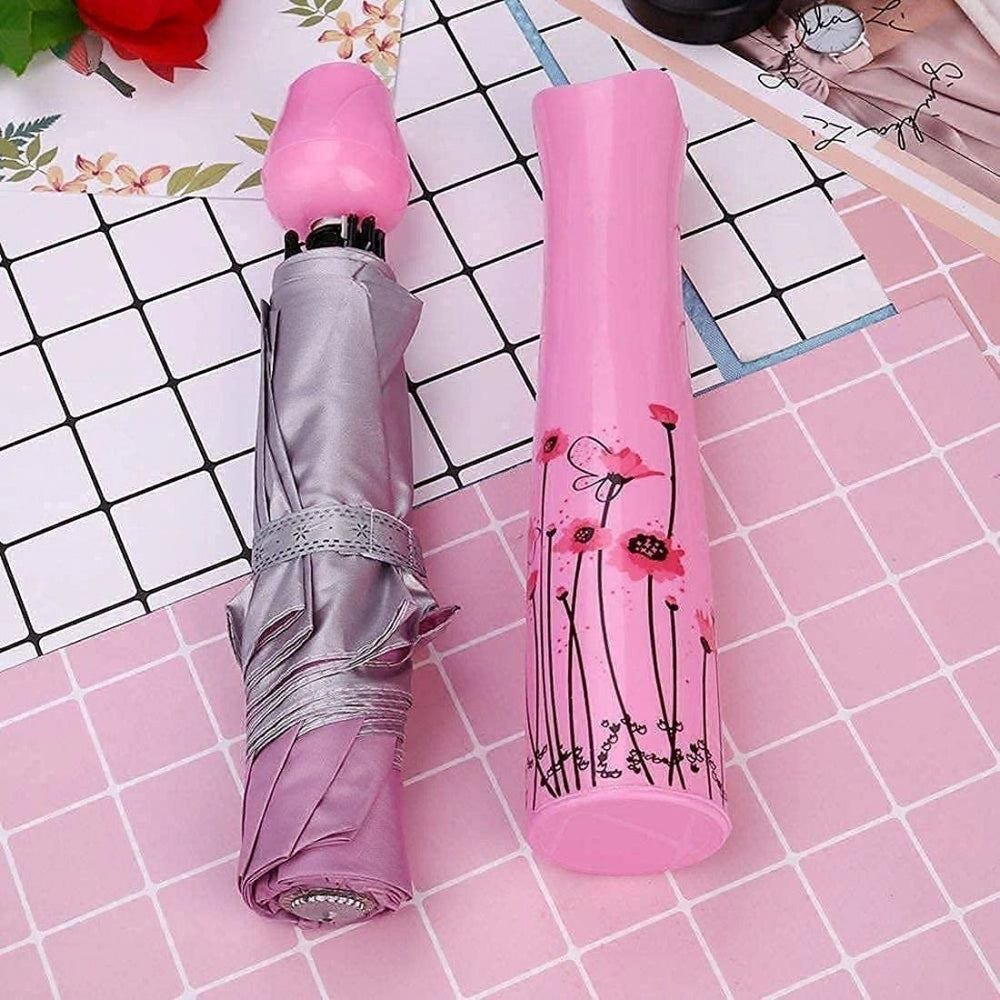 Rose Umbrella Lightweight Waterproof UV Protection Mini Folding Creative Rose Flower Case Canvas Plastic Umbrella with Waterproof and Compact Bottle for Monsoon and Summer (Assorted)