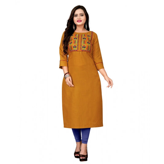 Generic Women's Cotton Embroidery Straight Kurti (Mustard Yellow)