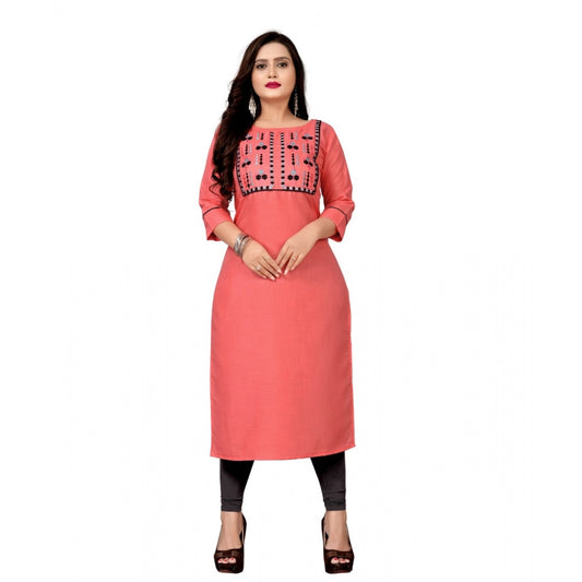 Generic Women's Cotton Embroidery Straight Kurti (Peach)