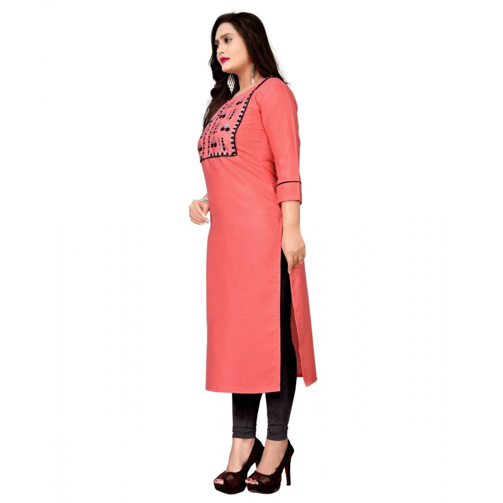 Generic Women's Cotton Embroidery Straight Kurti (Peach)