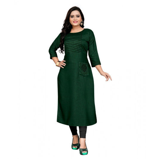 Generic Women's Cotton Embroidery Straight Kurti (Dark Green)