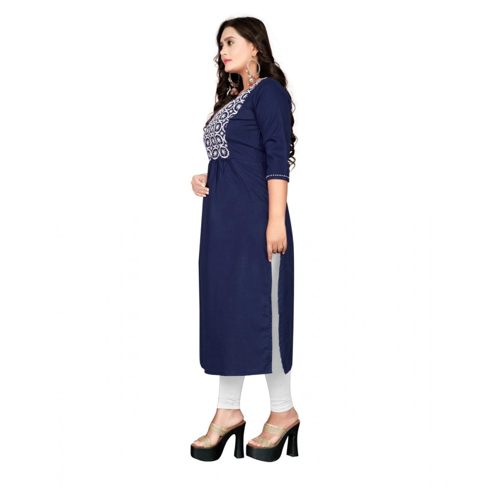 Generic Women's Cotton Embroidery Straight Kurti (Navy Blue)