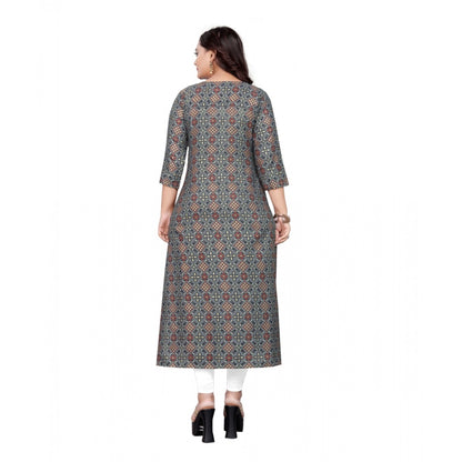 Generic Women's Cotton Print with Foil Frontslit Kurti (Grey)