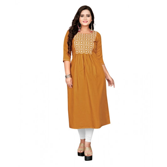 Generic Women's Cotton Embroidery Straight Kurti (Mustard Yellow)