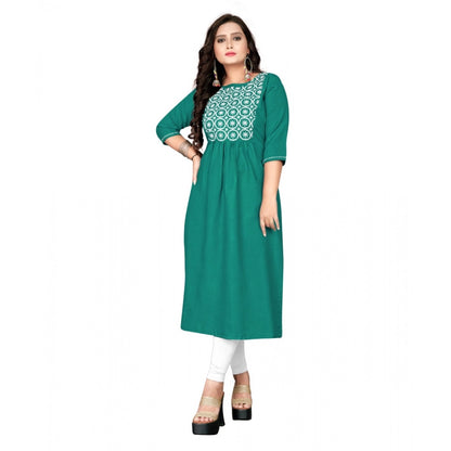 Generic Women's Cotton Embroidery Straight Kurti (Turquoise Green)