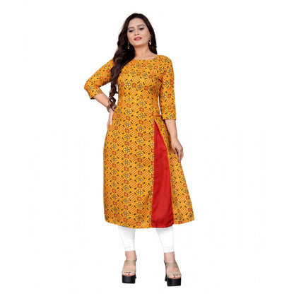 Generic Women's Cotton Print with Foil Frontslit Kurti (Mustard Yellow)