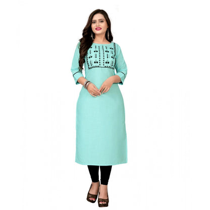 Generic Women's Cotton Embroidery Straight Kurti (Light Blue)