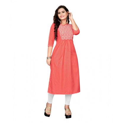 Generic Women's Cotton Embroidery Straight Kurti (Peach)