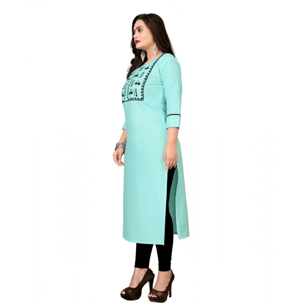 Generic Women's Cotton Embroidery Straight Kurti (Light Blue)