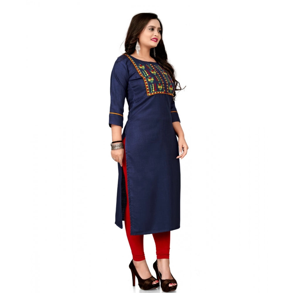 Generic Women's Cotton Embroidery Straight Kurti (Navy Blue)