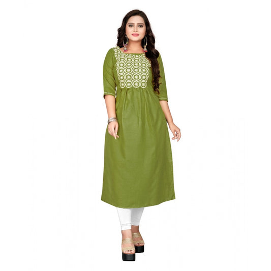 Generic Women's Cotton Embroidery Straight Kurti (Light Green)