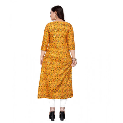 Generic Women's Cotton Print with Foil Frontslit Kurti (Mustard Yellow)