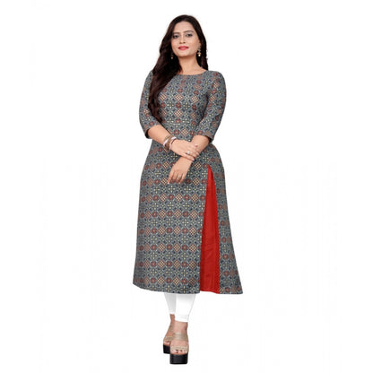 Generic Women's Cotton Print with Foil Frontslit Kurti (Grey)