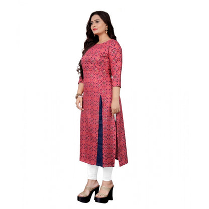 Generic Women's Cotton Print with Foil Frontslit Kurti (Pink)