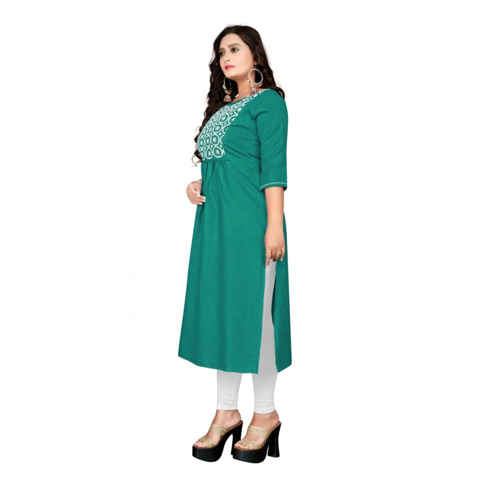 Generic Women's Cotton Embroidery Straight Kurti (Turquoise Green)