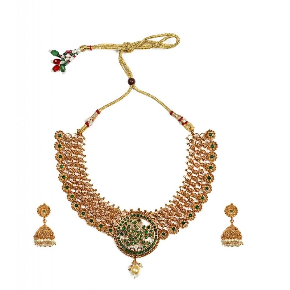 Generic Women's Gold Plated Necklace and Earrings Set with Meenakari Work (Green, Free Size)