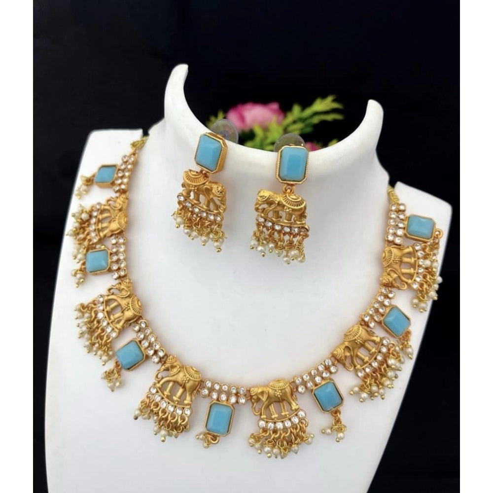 Generic Women's Gold Plated Necklace and Earrings Set with Mang Tikka (Blue, Free Size)